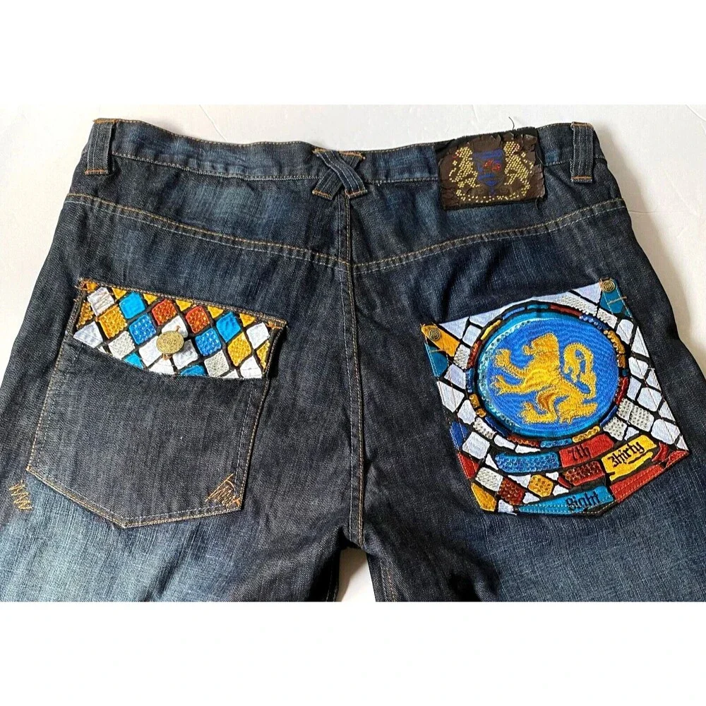 7th 38 Jean Shorts Mens Size 40 Blue Medium Wash Embroidered Gems Flaws Read